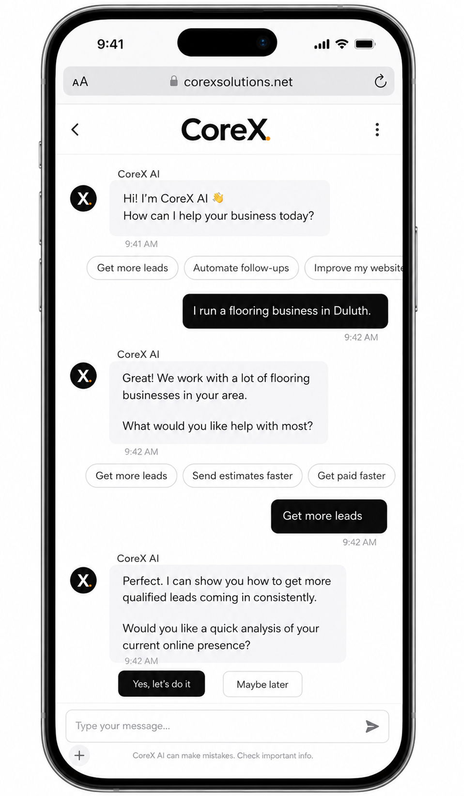 CoreX AI chat bot conversation on a contractor's phone