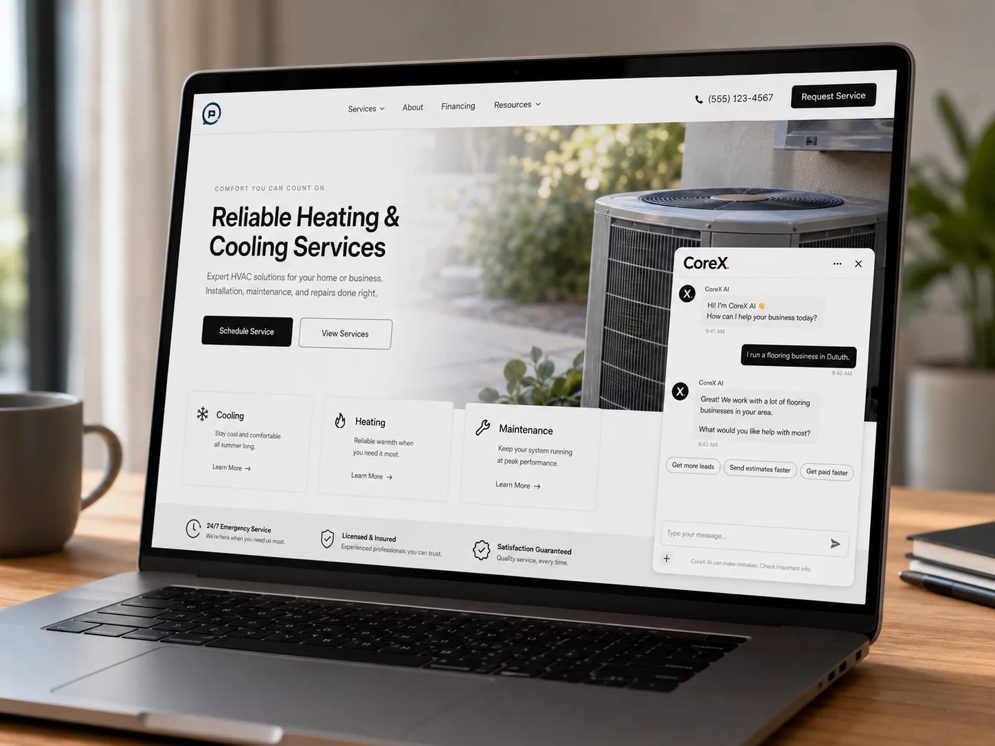 CoreX AI chat bot shown on a contractor website