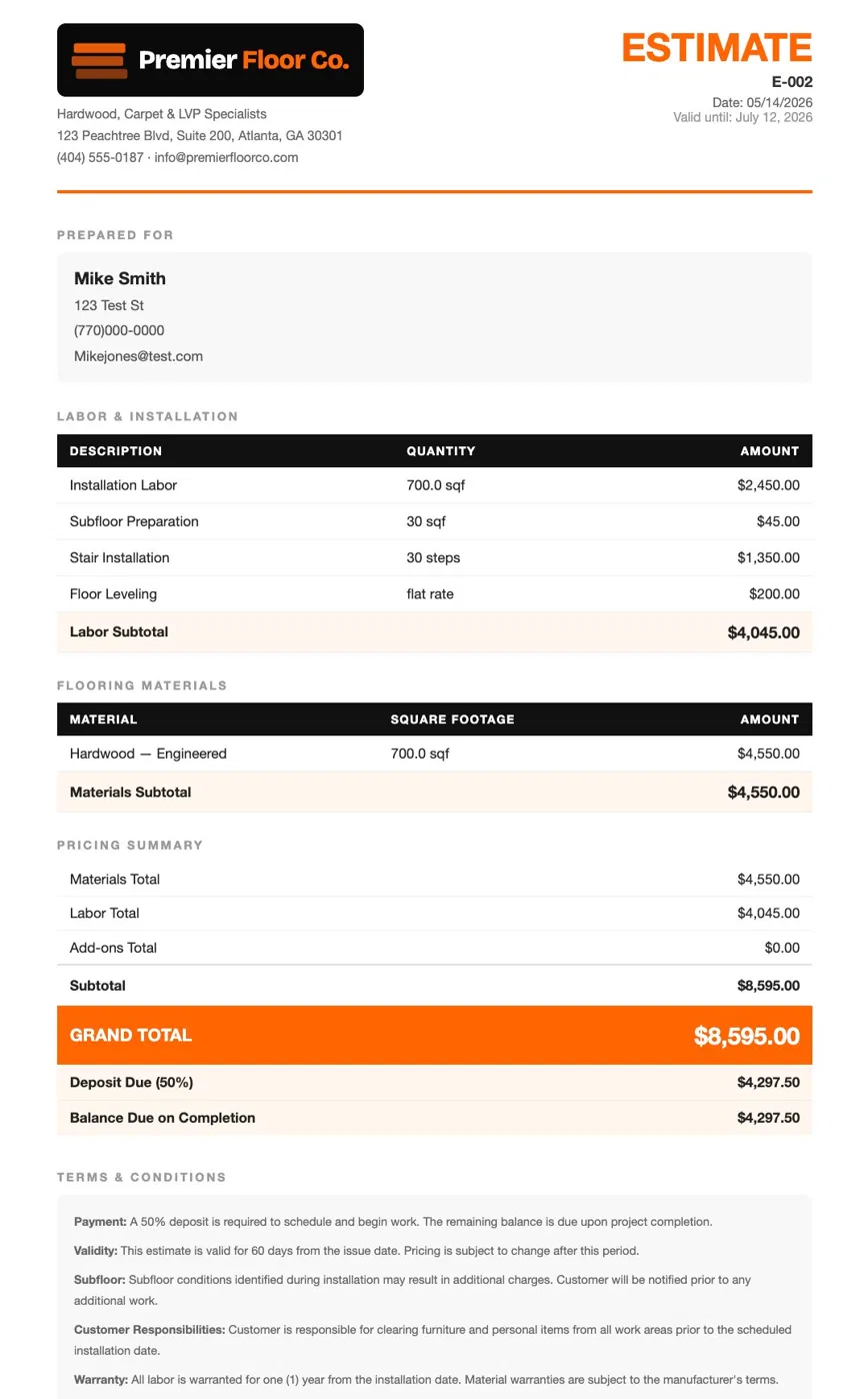 Premier Floor Co branded estimate PDF