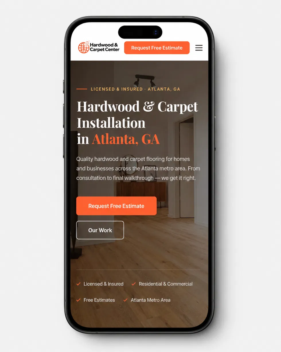 Hardwood and Carpet Center website on mobile