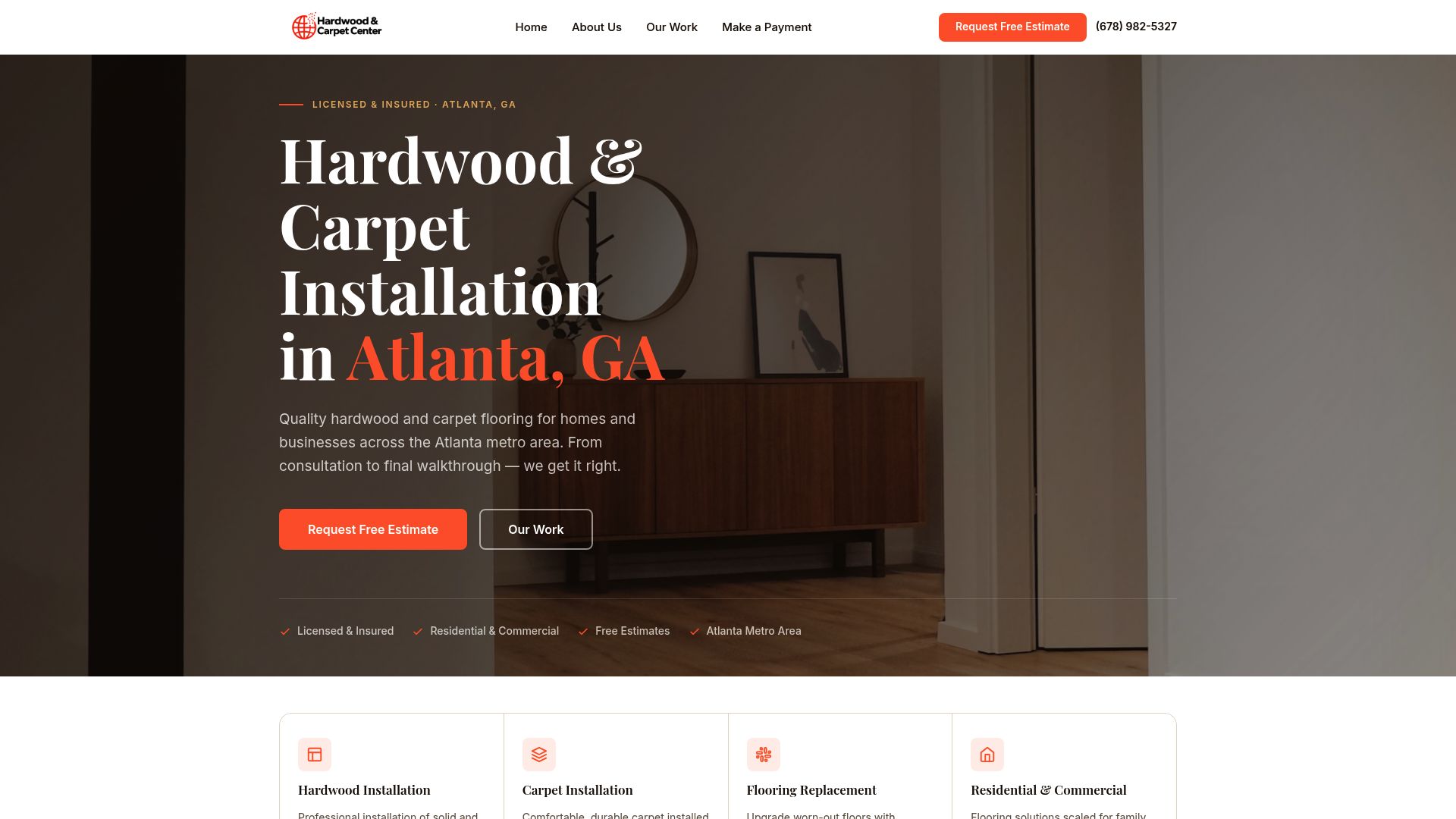 Hardwood and Carpet Center website built by CoreX Solutions — Atlanta GA flooring company