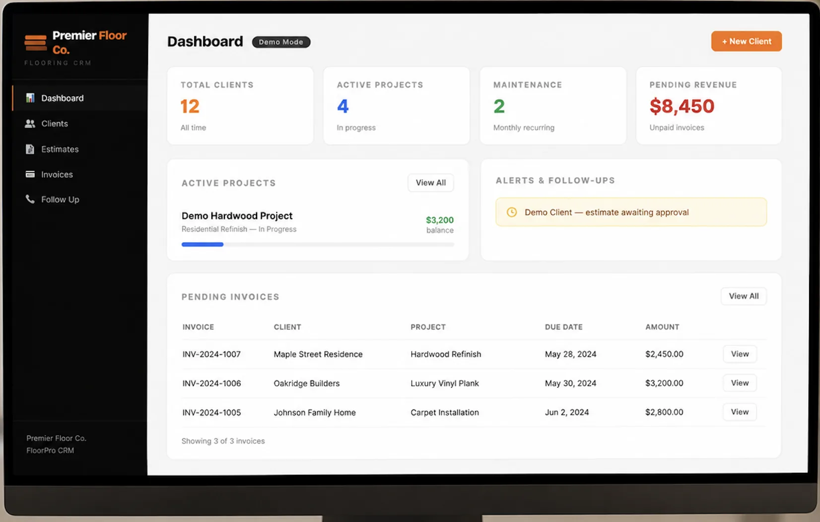 Branded CRM dashboard for a flooring contractor built by CoreX Solutions