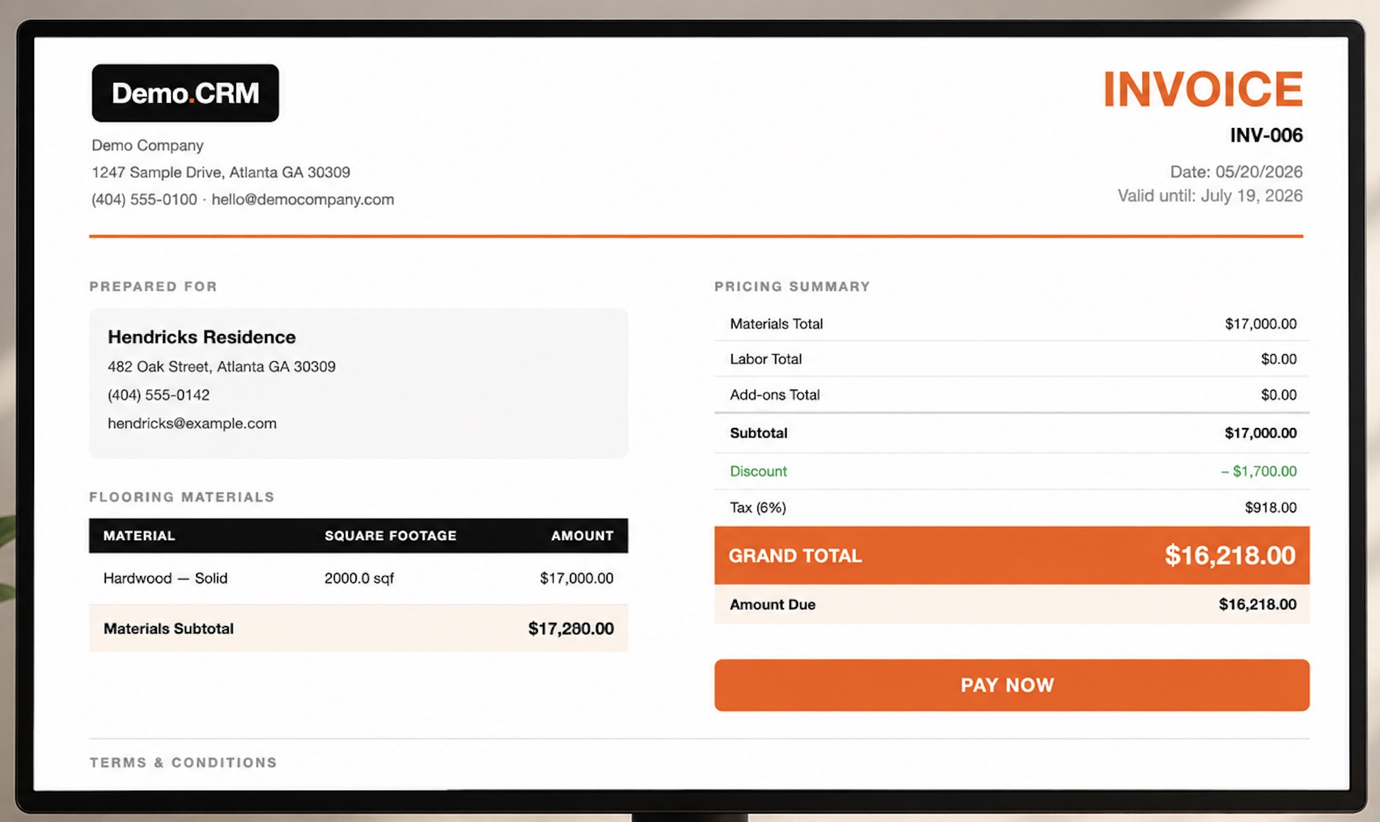 Demo CRM invoice builder showing flooring estimate with grand total
