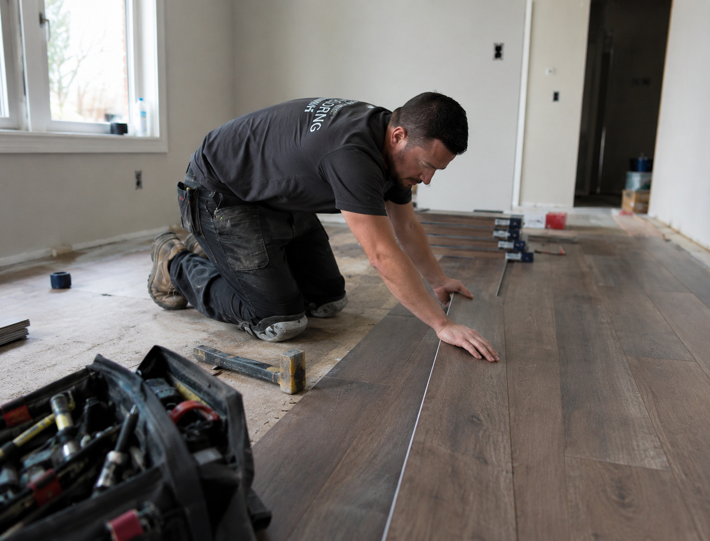 Flooring contractor laying LVP planks in a residential home — CoreX Solutions builds websites for flooring contractors in Atlanta