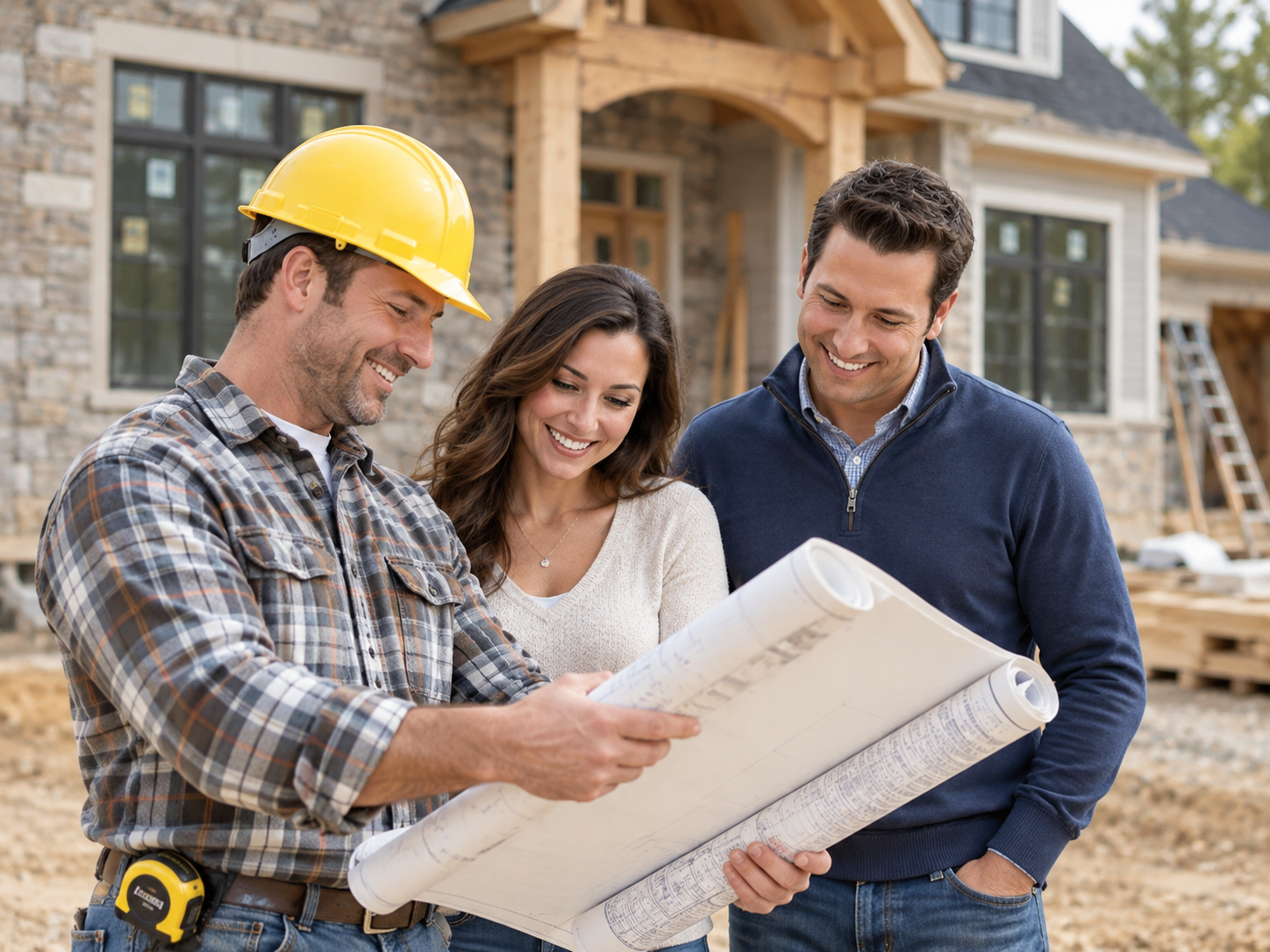 General contractor reviewing blueprints with clients at a residential construction site — CoreX Solutions builds websites for general contractors in Metro Atlanta