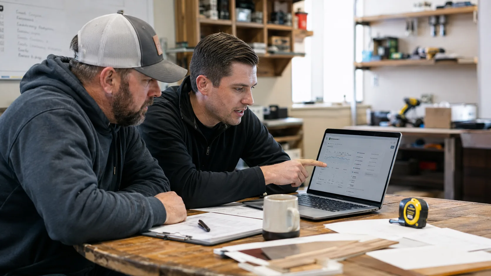 Contractor and consultant reviewing business data on a laptop in a workshop