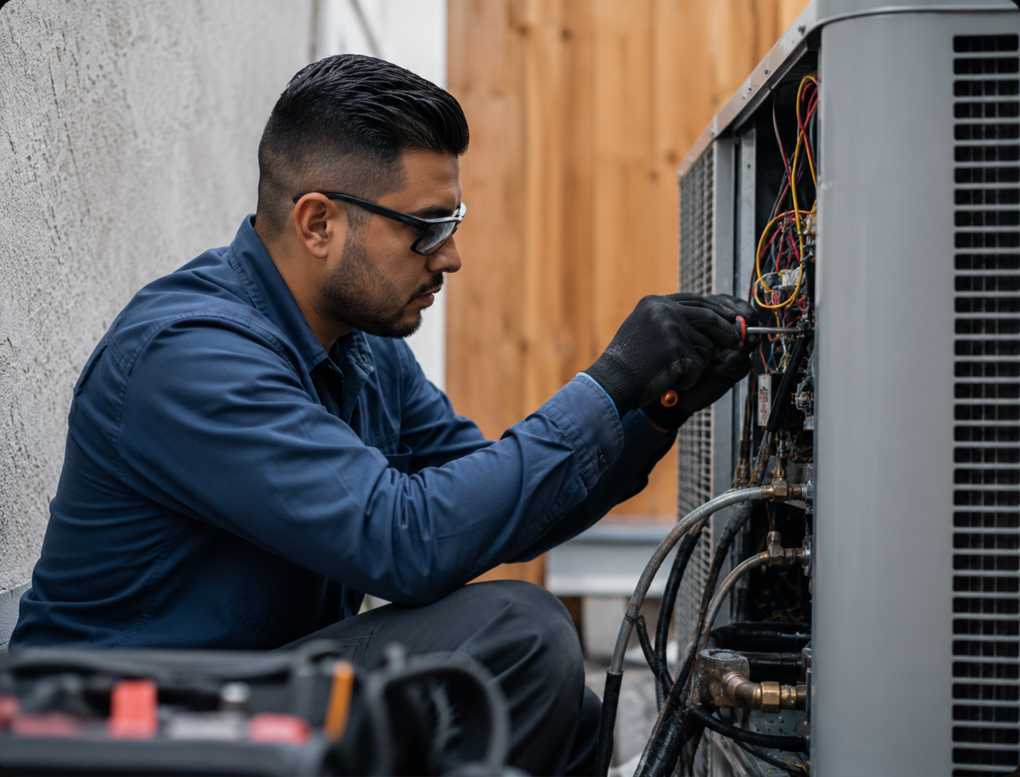 HVAC technician servicing an outdoor AC unit — CoreX Solutions builds websites for HVAC contractors in Atlanta