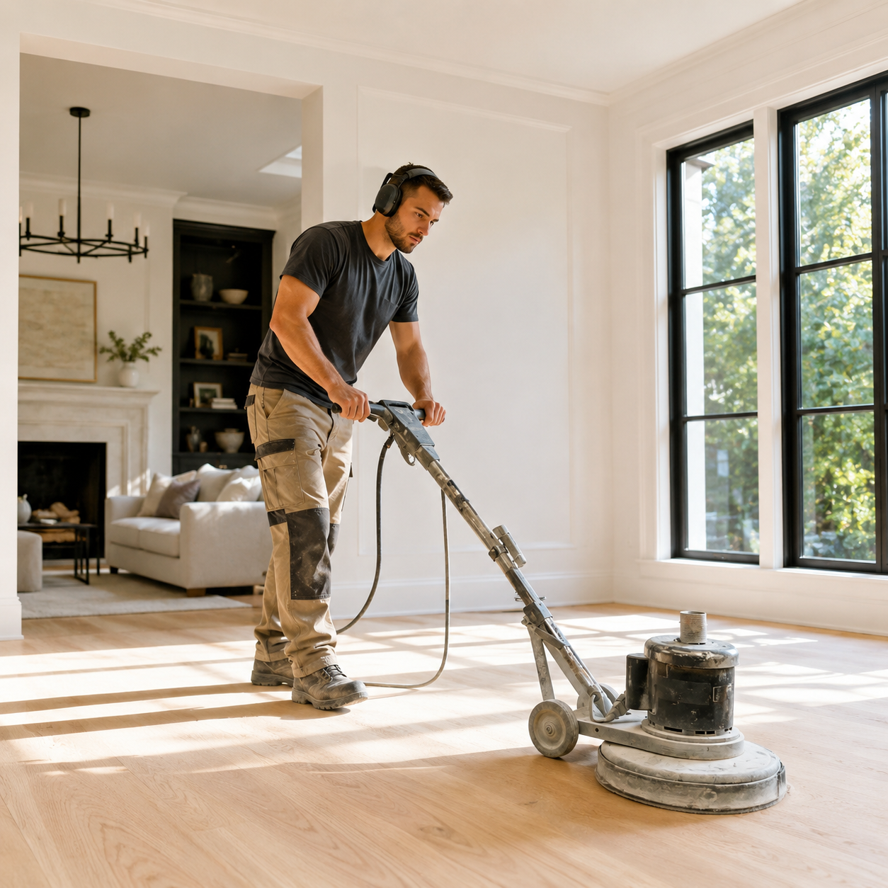 Flooring contractor sanding hardwood floors
