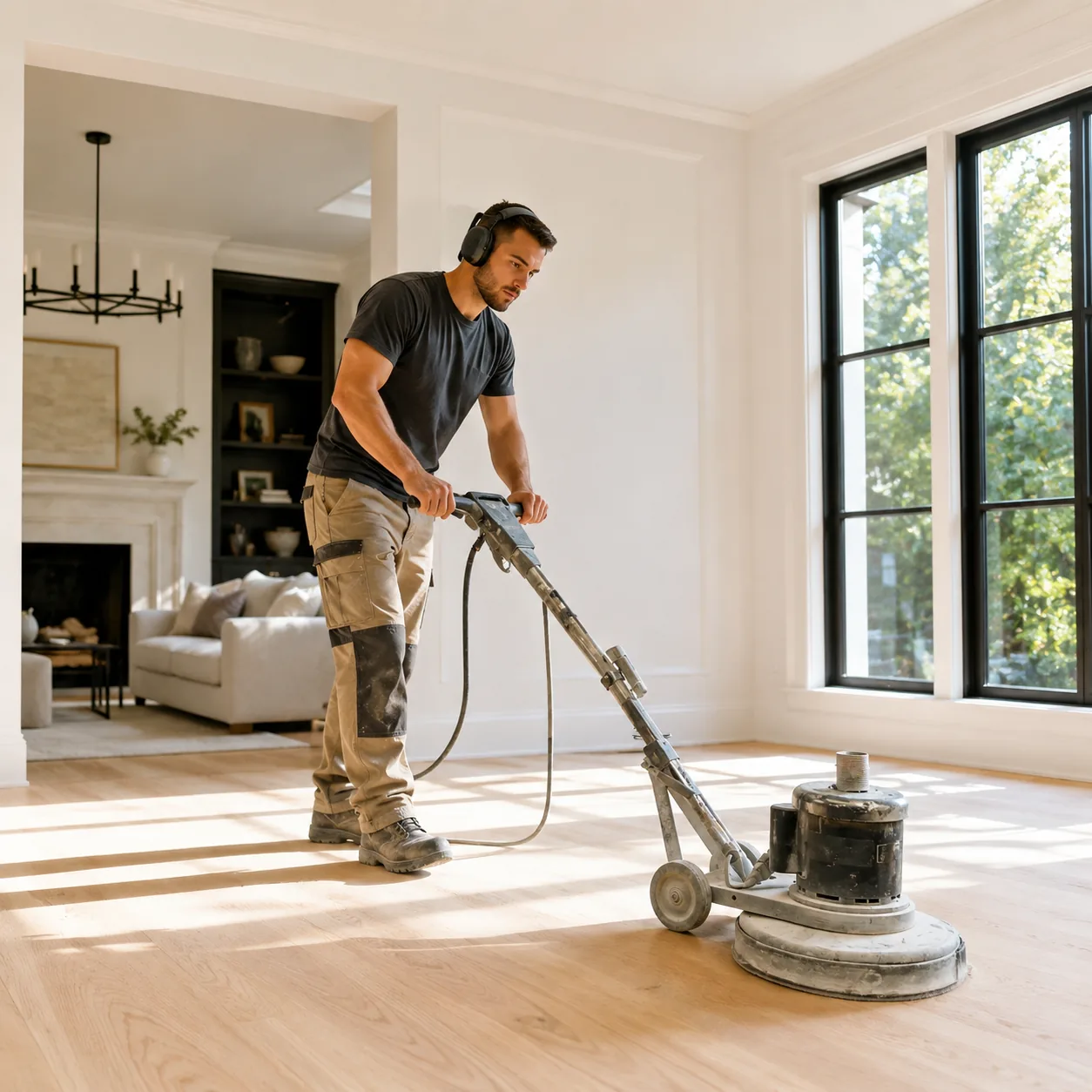 Flooring contractor sanding hardwood floors