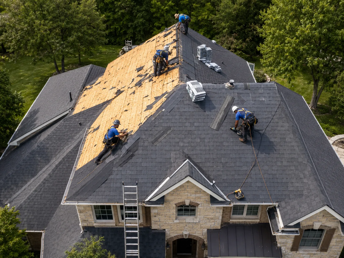 Roofing crew replacing shingles on a home