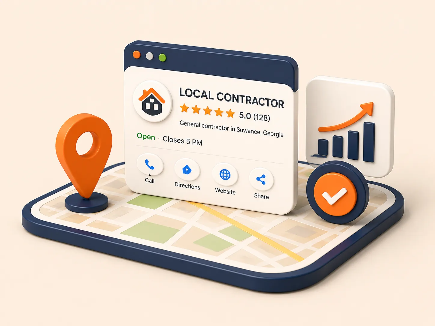 Google Business Profile for local contractor — map pin, 5-star rating, and growth chart