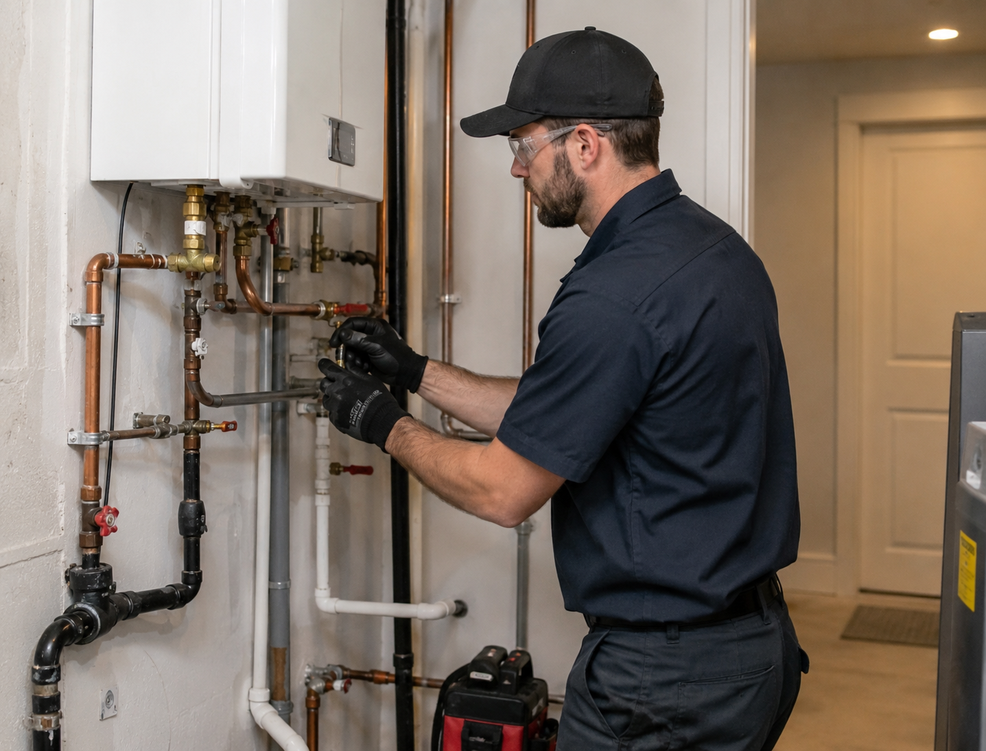 Plumber working on pipes — CoreX Solutions builds websites for plumbing contractors in Atlanta
