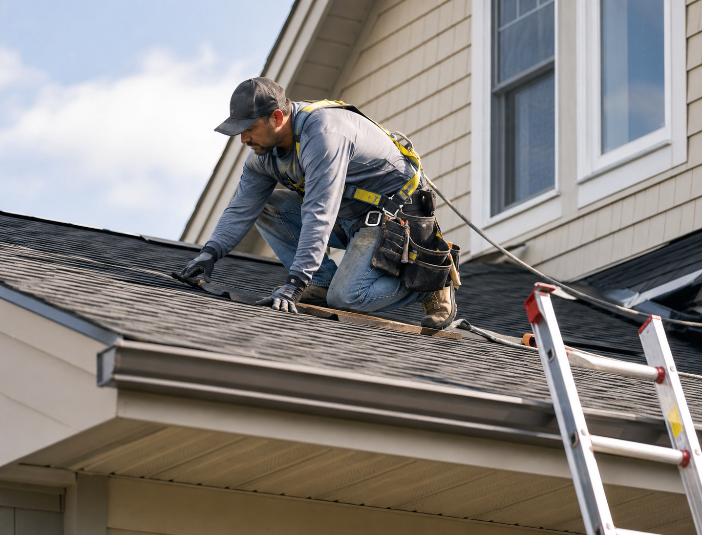 Roofing contractor repairing shingles on a residential roof — CoreX Solutions builds websites for roofing contractors in Atlanta