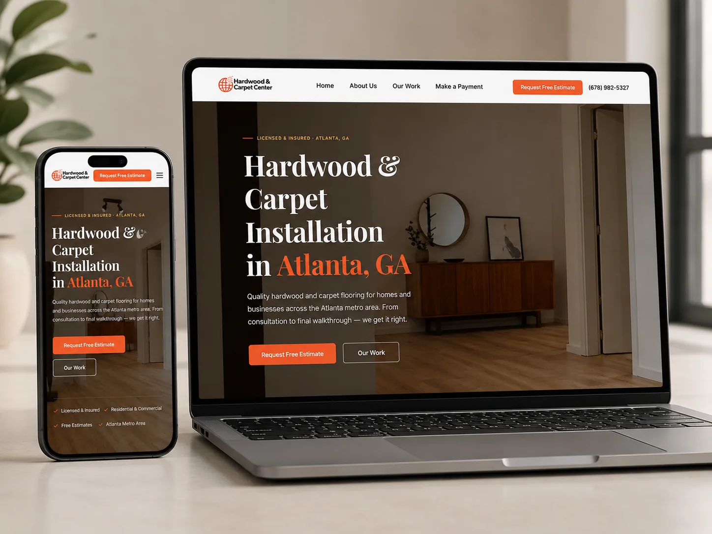 Contractor website shown on laptop and mobile — built by CoreX Solutions